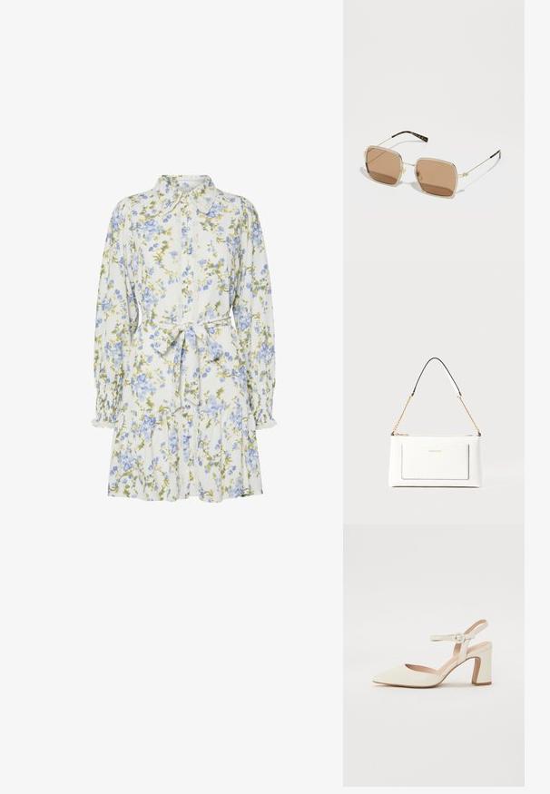 Blommig klänning i vitt med blå och gröna blommor, med krage, knappsydd framtill, lång ärm med elastiska manschetter och midjeband.; Spetsig tå, krämfärgad pumpsko med klack av blocktyp. Har en tunn ankelrem med en rund spänne och en slät lädertextur.; Guldmetallsolglasögon med fyrkantig form, bruna tonade linser och subtila gröna och röda accenter på ramen. Tunna, slanka skalmar.; Vit läderhandväska med texturerad yta, med guldkedjeslinga och svarta accenter. Inkluderar en framsida ficka och dragkedjestängning.