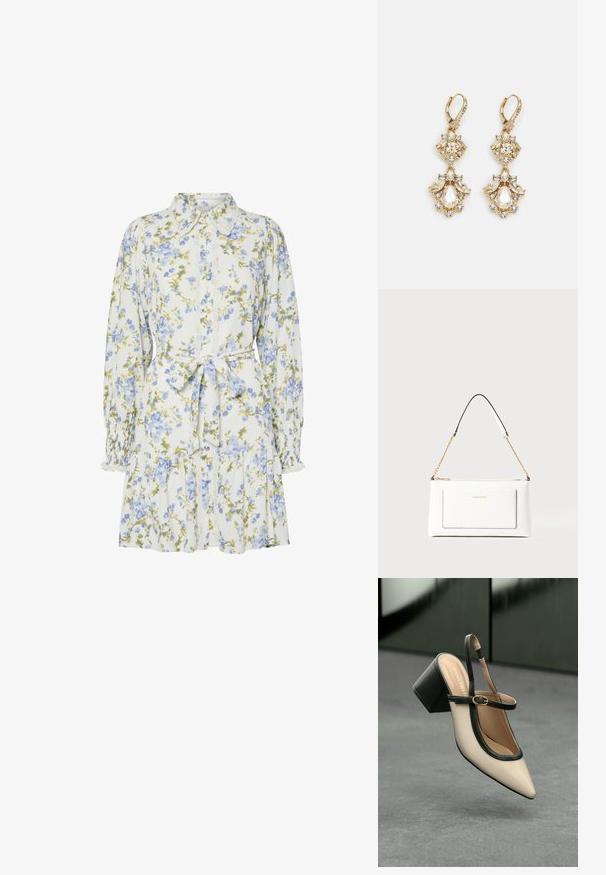 Květinové šaty v bílé barvě s modrými a zelenými květinami, s límečkem, zapínáním na knoflíky, dlouhými rukávy se staženými manžetami a páskem v oblasti pasu.; Béžový sandál na vysokém podpatku se zavazováním za patou, špičatou špičkou, černým lemováním a detaily přezky. Hladký materiál s matným povrchem, středně vysoký blokový podpatek.; Bílá kožená kabelka s texturovaným povrchem, zdobená zlatým řetízkem a černými akcenty. Obsahuje přední kapsu a uzavírání na zip.; Náušnice ve zlatém tónu s visacím designem a shlukem kulatých a kapkových čirých krystalů, které se pyšní jemnými detaily.