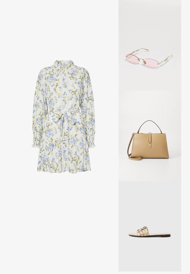Vestido floral em branco com flores azuis e verdes, apresentando um colarinho, fecho frontal com botões, mangas longas com punhos elásticos e um cinto na cintura.; Sandalha dourada tipo chinelo com três tiras horizontais. Sola plana e textura de material suave, apresentando um design de bico aberto.; Gucci Óculos de sol - gold-coloured/pink; Tommy Hilfiger LIBRE SATCHEL - Mala de mão - safari