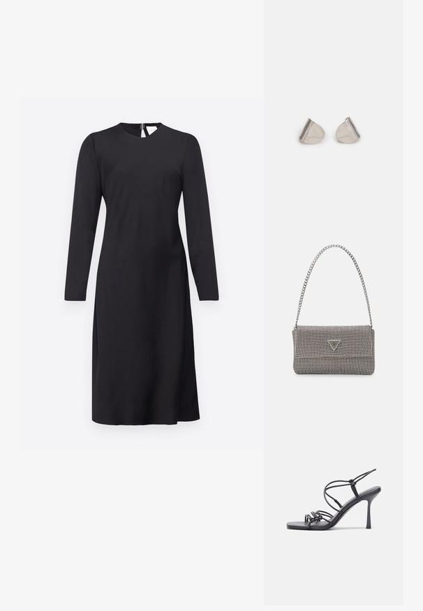 Fekete, hosszú ujjú ruha lekerekített nyakkivágással, sima textúrával és egyenes fazonnal; hátsó cipzárral záródik és térd alá ér.; Fekete magas sarkú szandálok vékony pántokkal, csomózott mintával, sima négyzetes orral és karcsú stiletto sarkal rendelkeznek.; Világosszürke fémes kézitáska lánc pánttal, kis kör alakú fém kifinomult díszítéssel és háromszög alakú márkagéppel.; Ezüst fém fülbevalók sima, csepp alakú formával és fényes felülettel. Finom gravírozások teszik részletessé. Minimalista dizájn.