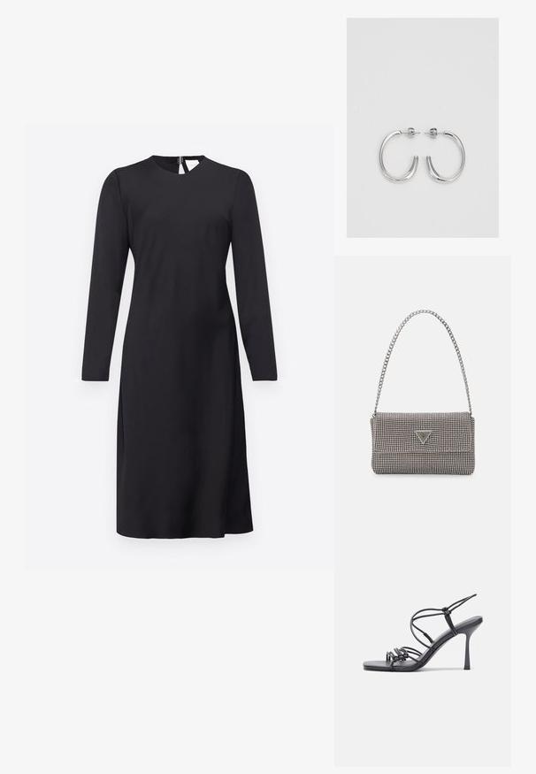 Rochie neagră cu mânecă lungă, decolteu rotund, textură netedă și croială dreaptă; dispune de un închidere cu fermoar la spate și tiv până la genunchi.; Sandale negre cu toc înalt au curele subțiri cu un design legat, un vârf pătrat neted și un toc stiletto elegant.; Geantă metalică gri deschis, cu un strap din lanț, decorată cu mici ținte circulare metalice și un logo de marcă triangular.; Cercei rotunzi din argint cu un finisaj neted și strălucitor. Design ușor, având o formă rotundă și închidere cu tijă.