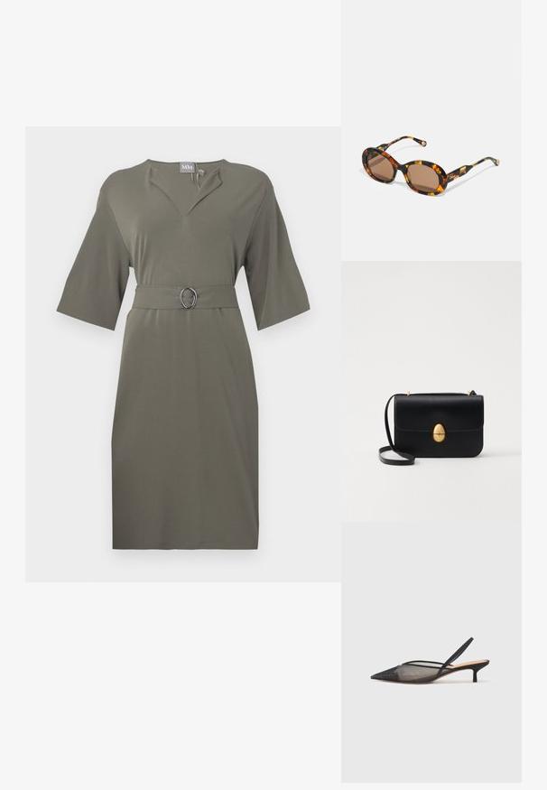 Kortärmad klänning i knälängd i olivgrön, tillverkad av glatt tyg. Har en v-ringning och ett matchande bälte med en oval silverfärgad spänne.; NEOUS IRENA - Pumps - black; CHLOÉ Solglasögon - havana; Svart läderhandväska med en strukturerad rektangulär form. Har ett gyllene ovalt lås och ett tunt axelband. Slät textur.