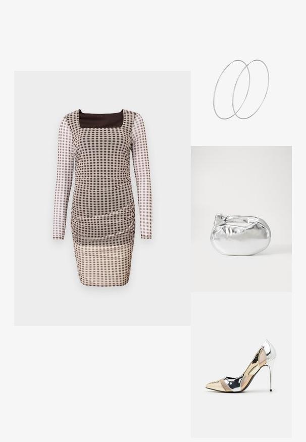 Haljina dugih rukava uskog kroja sa kvadratnim izrezom. Sadrži proziran karirani uzorak u naizmjeničnim smeškim i kremastim kvadratima, sa naboranim detaljima.; Cipele s visokom potpeticom i špicastim vrhom u srebrnoj, zlatnoj i nude boji. Sjajan finiš s izrezbarenim dizajnom, s potpeticom u obliku stiletto.; Srebrna metalik torbica s mekim, zaobljenim oblikom i čvorastim zatvaranjem na vrhu. Izrađena od glatke sintetičke kože.; Srebrne okrugle naušnice s minimalističkim dizajnom. Kružni oblik, glatka tekstura i tanak profil. Lagane s poliranim završetkom.