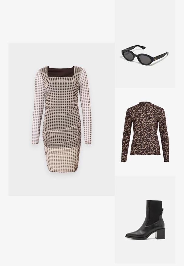 Långärmad figurnära klänning med fyrkantig halsringning. Har en genomskinlig rutig design i växlande bruna och gräddfärgade rutor, med samlade detaljer.; Långärmad topp med leopardtryck och hög hals, tillverkad av stretchigt tyg. Har en ljusbrun bas med bruna fläckar. Slät textur, figurnära design.; Svart ankelboot med spetsig tå, tillverkad av mjukt läder och elastiskt tyg. Har en klack i blockform och minimalistisk design.; Svarta ovala solglasögon med mörka linser och blank plastbåge. Utrustade med en gyllene logotyp på bågen, vilket ger en snygg och modern design.