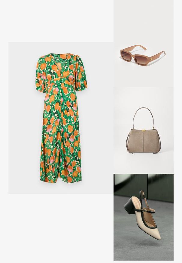 Cvjetna maxi haljina s kratkim, napuhanim rukavima. Ima živopisnu zelenu pozadinu s narančastim i ružičastim ružama, naglašenu listnatim akcentima.; Bež cipele s otvorenom petom i šiljastim vrhom, crnim obrubom, zlatnom kopčom i debelim blok-petom na sivom podu s tamnozelenom pozadinom.; Smeđe pravokutne sunčane naočale s gradijentnim lećama, debelim okvirom i detaljem s logotipom sa strane. Glatki plastični materijal, minimalistički dizajn.; Tommy Hilfiger CASUAL SHOULDER BAG - Ručna torba - coastal taupe