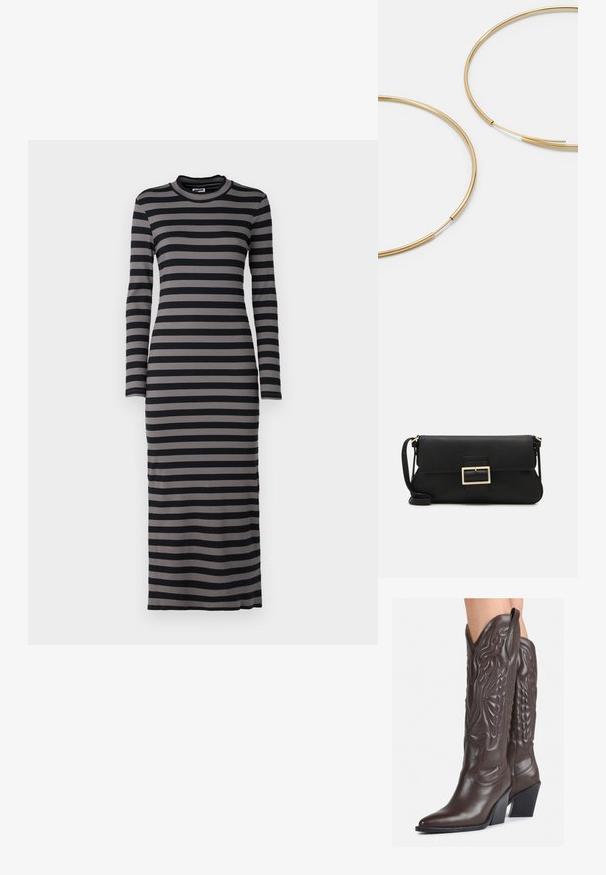 Långärmad, ribbad klänning i växlande svarta och grå horisontella ränder. Rund halsringning och figursydd silhuett, knälång nederkant.; Bruna lädercowboystövlar med spetsig tå och klossklack, med detaljerad sömnad och upphöjda accenter på skaftet.; Svart läderkuvertväska med en klaff och detalj i guldmetallspänne. Innehåller en svart rem och en elegant, minimalistisk design.; Guldiga hoopsörhängen, tunna och runda i formen, med en slät metallisk finish utan utsmyckningar eller mönster.