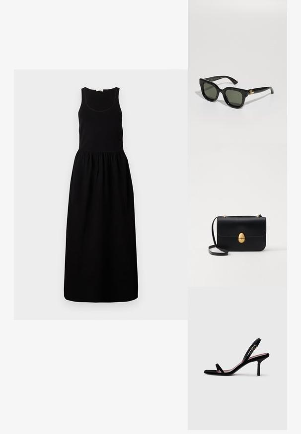 Juodas be rankovių maksi suknelė su prigludusia liemene, susirinkusia juosmens linija ir laisvai krentančia sijonu. Pagaminta iš minkštos medžiagos su lygiu paviršiumi.; Juodas zomšinis moteriškas aukštakulnis sandalai su plonais dirželiais ir auksine sagtimi ant balto fono, šoninis vaizdas.; Juodi stačiakampiai saulės akiniai su tamsiai žaliais objektyvais. turi blizgų plastikinį rėmą ir auksinius akcentus šonuose.; Juodas odinis rankinukas su struktūrine stačiakampio forma. Yra auksinė ovali sagtis ir plona petneša. Glotni tekstūra.
