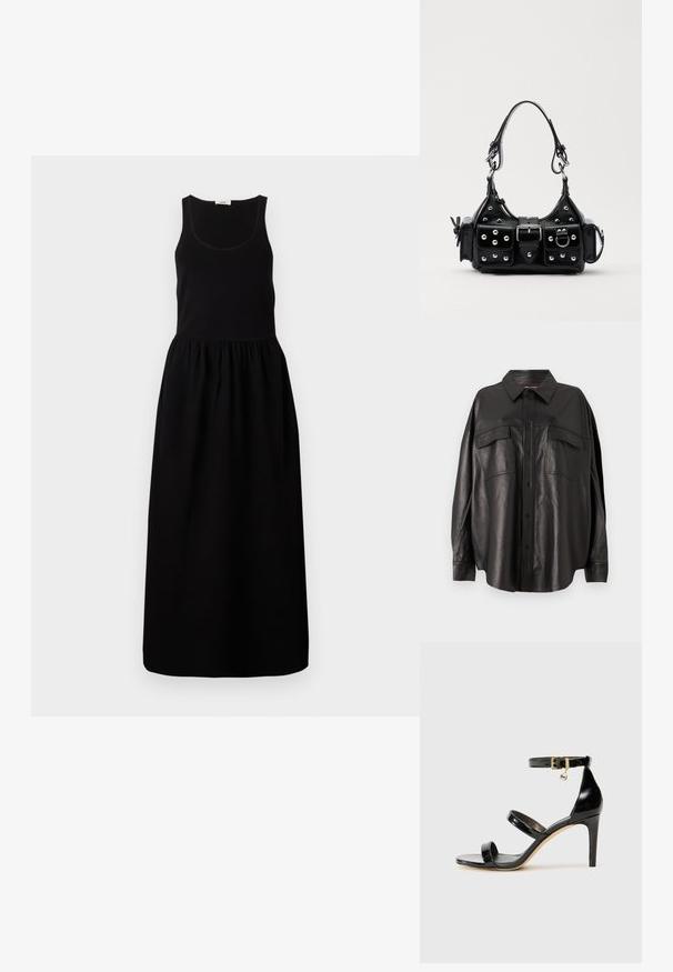 Vestido maxi preto sem mangas com corpete ajustado, cintura franzida e saia fluida. Feito de um tecido macio com uma textura suave.; Camisa de couro preto com frente botões, colarinho pontiagudo e dois bolsos no peito. Apresenta um corte solto e uma textura suave.; Sandal de couro envernizado preto com três tiras, fivela no tornozelo e salto agulha de 10 cm. Apresenta detalhes em hardware dourado e um charme com logotipo.; Bolsa de couro preta com um design curvado, apresentando tachas prateadas, uma fivela e dois bolsos laterais. Alça ajustável para opções de transporte.