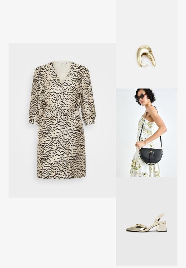 Kratka krema obleka z V-izrezom, sleevovi do treh četrtin in pasom. Ima črn živalski print po celotni površini.; Zlati, kovinski slingback čeveljci z ostrim nosom in masivnim peto. Gladka tekstura, minimalistična zasnova in ozka zanka.; Črna usnjena torbica s ukrivljeno obliko, z odstranljivo naramnico in zlatimi dodatki. Torbica ima pokrov s podrobnostmi v obliki zaponke.; Uhane nakit iz zlatastega tona z gladko, ukrivljeno zasnovo. Ima edinstveno koničasto obliko, polirano površino in zaponko s tečajem.