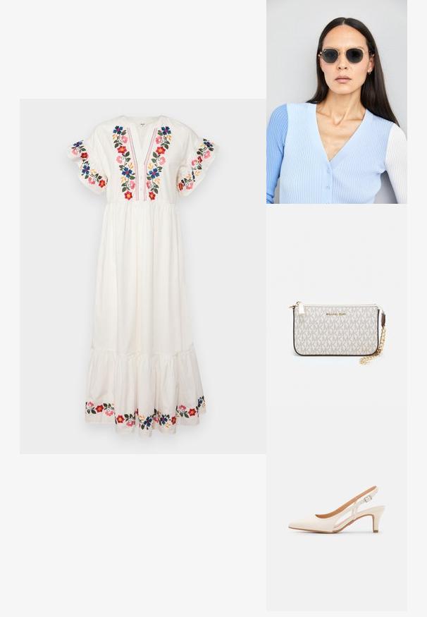 Balta maksi kleita ar ziedu izšuvumiem sarkanos, zilos un rozā toņos. Ievērojama V veida kakla, īsām drapētām piedurknēm un pakāpeniskām svārku malām.; Baltas siksniņveida papēdis ar smailu purngalu, gludu augšējo materiālu, zemu blokpapēdi un sānu izgriezumu dizainu ar regulējamu sprādzi.; Apaļas saulesbrilles ar tumšiem objektīviem un zeltītām rāmēm. Modelis valkā gaiši zilu, ribotu kardigānu ar pogām un kontrastējošām baltām piedurknēm.; Michaela Korsa rokassomi bez̦ā īšojuma, kas izgatavota no apklāta kanvas, iekļaujot atkārtotu MK logotipa rakstu, zelta aparatūru un noņemamu ķēdes siksnu.