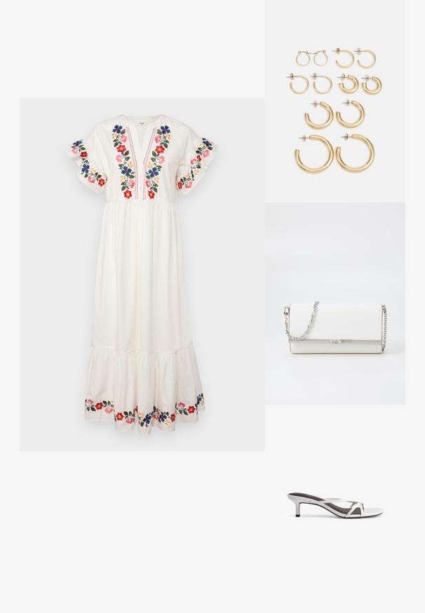 Hvid maxi kjole med blomsterbroderi i rød, blå og pink. Har en V-udskæring, korte flæseærmer og en lagdelt kant.; Sølvsandaler med hæl og krydsremdesign, en glat tekstur og spids tå. Hælen er cirka fem centimeter høj.; MICHAEL Michael Kors MONA - Skuldertasker - optic white; Sæt af guldøreringe med forskellige størrelser og designs, herunder små, mellemstore og store stilarter, med glatte metaloverflader.