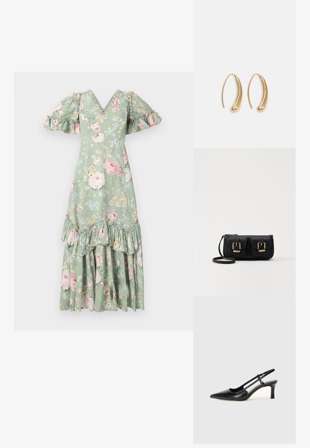 Cvetna maksi obleka v mehki zeleni barvi z V-izrezom, naborkastimi rokavi, nagubanimi detajli in plastenasto obrobo. Vsebuje rožnate vrtnice in majhne modre cvetove.; Črne lakaste slingback pete s koničastim nosom, ki imajo teksturiran vzorec kačje kože, nastavljiv trak in kratek teksturiran blok peto.; Črna usnjena torbica čez ramo z dvema sprednjima žepoma, zlatimi zaponkami, zadrgo in ozkim pasom. Tekstura površine je strukturirana, obliko pa ima kompaktno pravokotno.; Zlato-tonirani kovinski uhani v obliki obroča s krivuljo in podolgovato obliko. Imajo gladko, sijočo površino in zaobljen vrh za dodaten detajl.