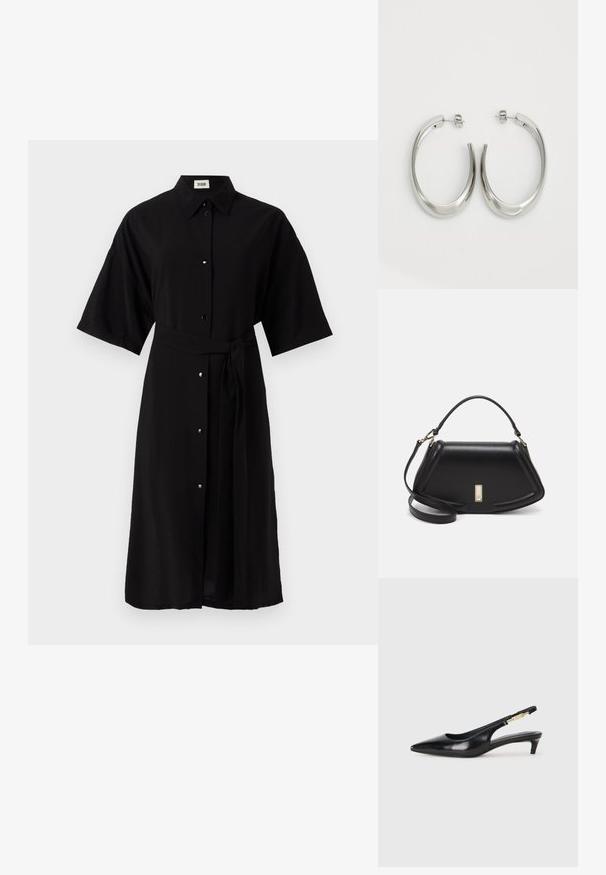 Abito nero realizzato in tessuto leggero, con colletto, maniche corte, bottoni frontali e una cintura coordinata in tessuto.; Tacchi slingback in pelle nera con punta affusolata, caratterizzati da un tacco alto e un accento dorato sulla cinghia regolabile. Texture liscia.; Borsa a mano in pelle nera con un design strutturato, caratterizzata da una forma corta, manico superiore e accessori in metallo dorato. Inclusa tracolla regolabile.; Orecchini a cerchio argentati con un design liscio e curvo. Presentano una finitura metallica lucida e una chiusura a perno. Nessun motivo o accentuazione visibile.