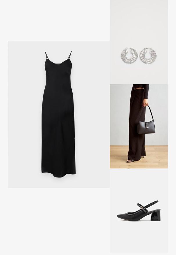 Svart midi-kjole uten ermer med justerbare spaghetti-stropper, glatt tekstur, V-hals og sideslitt for enklere bevegelse.; Sorte lakk lær slingback hæler med spiss tå, et avrundet utskjæringsdesign og blokkheel. Har en gulltone spenne som detalj.; Svart håndveske med strukturert form, jevn tekstur og metallisk lås. Kombinert med brede svarte bukser og sandaler med åpen tå på tregulv.; Sølv hoop øredobber prydet med flere klare krystallpynt, med en teksturert overflate og et åpent sirkulært design.