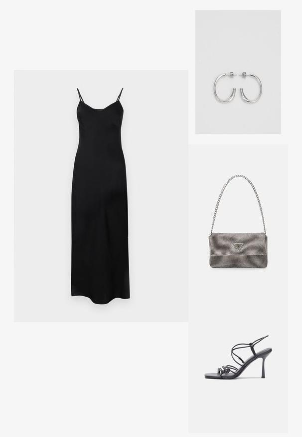 Črna brezrokavna midi obleka z nastavljivimi spageti trakovi, gladko teksturo, V-izrezom in stransko razporko za lahkotno gibanje.; Črne visoke sandale na peto imajo tanke naramnice z vozlom, gladek kvadratni toe in eleganten stiletto peto.; Svetlo siva kovinska torbica z verižnim ročajem, okrašena z majhnimi okroglimi kovinskimi bleščicami in trikotnim logotipom blagovne znamke.; Srebrne uhančke v obliki obroča z gladko, sijočo površino, ukrivljene oblike in zapiranjem na zatič. Minimalistična zasnova z modernim zaključkom.