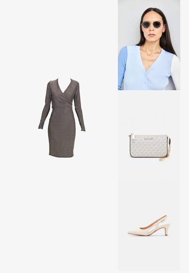 Hosszú ujjú, testhez simuló ruha fémes szürke anyagból, átkötős dizájnnal és mély dekoltázzsal, sima textúrával és karcsú szabással.; Fehér slingback sarok, hegyes orral, sima felső anyaggal, alacsony blokk sarkával és oldalsó kivágott dizájnnal, állítható csatpánttal.; Kerek napszemüveg sötét lencsékkel és arany kerettel. A modellen világoskék, bordázott kardigán van gombokkal és kontrasztos fehér ujjaival.; Michael Kors bézs bevonatos vászon karkötő, amely ismétlődő MK logó mintával, aranyszínű fémrészletekkel és levehető lánchordóval rendelkezik.