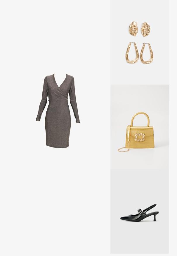 Hosszú ujjú, testhez simuló ruha fémes szürke anyagból, átkötős dizájnnal és mély dekoltázzsal, sima textúrával és karcsú szabással.; Fekete lakkbőr slingback sarkú cipők hegyes orral és kis blokk talppal, ezüst csat díszítéssel a pánton.; Sárga műbőr krokodil mintás kézitáska strukturált kialakítással, felső fogantyúval, leválasztható lánccal és díszes kristály díszítéssel a záron.; Aranyszínű fülbevalók, texturált, hullámos formákkal. Tartalmazza a szobrászati klipszes studokat és az open hoop kialakítást, kalapácsos felülettel.