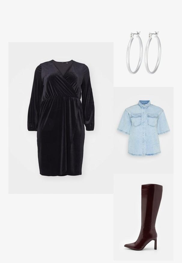 Crna baršunasta haljina s dugim rukavima, V-izrezom, nabranim strukom i lagano raširenom suknjom, koja ima mekanu, glatku teksturu.; Svijetloplava traper košulja kratkih rukava, s dvije prednje džepove i ukrašena malim srebrnim zakovicama po cijeloj površini.; Even&Odd Čizme - dark red; Srebrne kružne naušnice s glatkom, poliranom površinom. Okrugli oblik i sigurno kopčanje na klik. Lagani dizajn pogodan za svakodnevno nošenje.