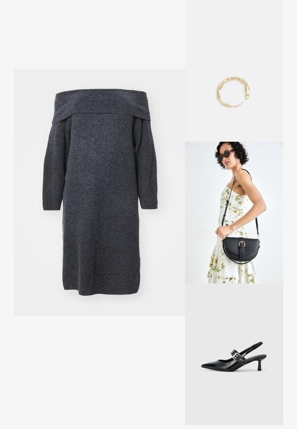 Tmavošedé pletené šaty s odhalenými ramenami, dlhými rukávmi, vo voľnom strihu a rebrovaným výstrihom, ktoré sa vyznačujú štruktúrovanou tkaninou.; Čierne patentové kožené sandále na podpätku so špicatou špičkou a malým blokovým podpätkom, s dekoratívnou striebornou sponou na remienku.; Čierna kožená kabelka s zaobleným tvarom, odnímateľným popruhom a zlatými doplnkami. Kabelka má klopu s detailom s prackou.; Prsteň v zlatej farbe s organickým, skrúteným dizajnom, hladkým povrchom a zužujúcimi sa koncami, vytvárajúci moderný, sochársky vzhľad.