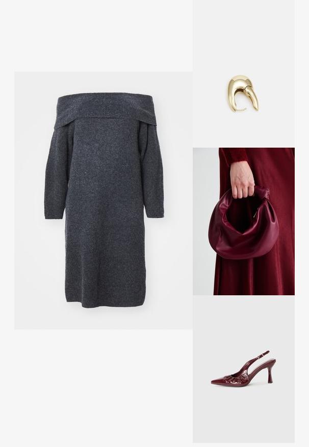 Off-shoulder mørkegrå strikket kjole med lange ermer, løs passform og ribbestrikket hals, som fremhever et teksturert stoff.; Burgunderfargede patentlær slingback hæle med spids tå og volangdetaljer, der har en slank hæl og en justerbar ankelrem.; Bordeaux lærhåndveske med et mykt, samlet design og avrundet form. Håndtaket er festet, og viser en glatt tekstur.; Gullfarget metalløredobber med et elegant, buet design. Har en karakteristisk spiss form, polert overflate og hengsel-lukking.