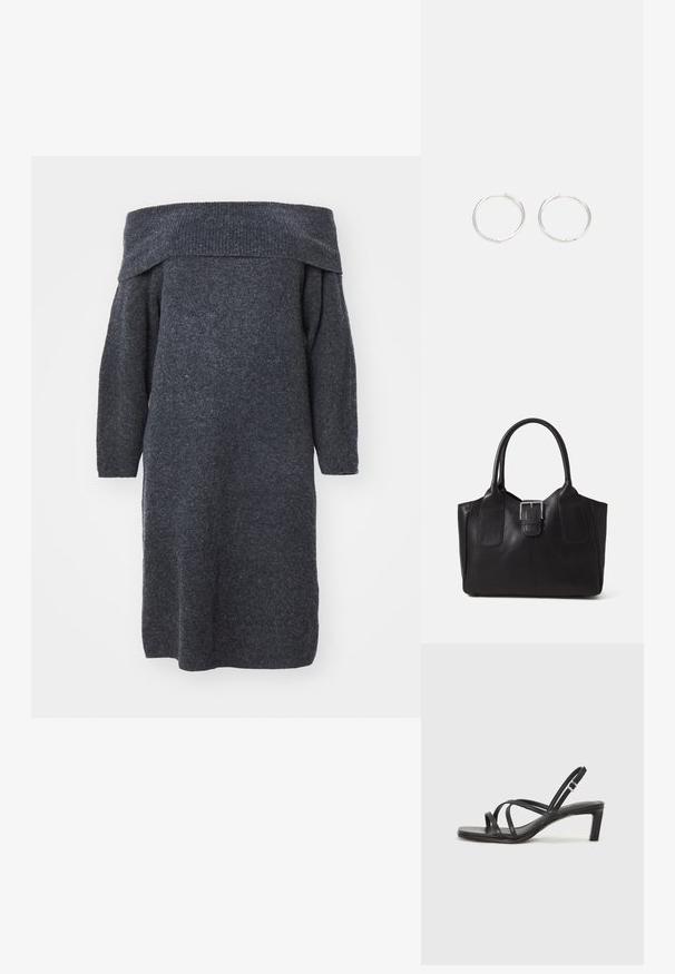 Vállnélküli, sötétszürke kötött ruha hosszú ujjakkal, laza szabással és bordázott nyakkivágással, amely texturált anyagot mutat be.; Fekete pántos szandál négyzetes orral és alacsony blokk sarkal. Több vékony pánttal és állítható boka pánttal rendelkezik. Sima bőrből készült.; Fekete bőr bevásárlótáska sima textúrával, strukturált formával, két fogantyúval és egy figyelemfelkeltő ezüst csattal az elején.; Ezüst karika fülbevalók, letisztult, kerek formával, sima felülettel és látható díszítés nélkül. A átmérő nem megadott.