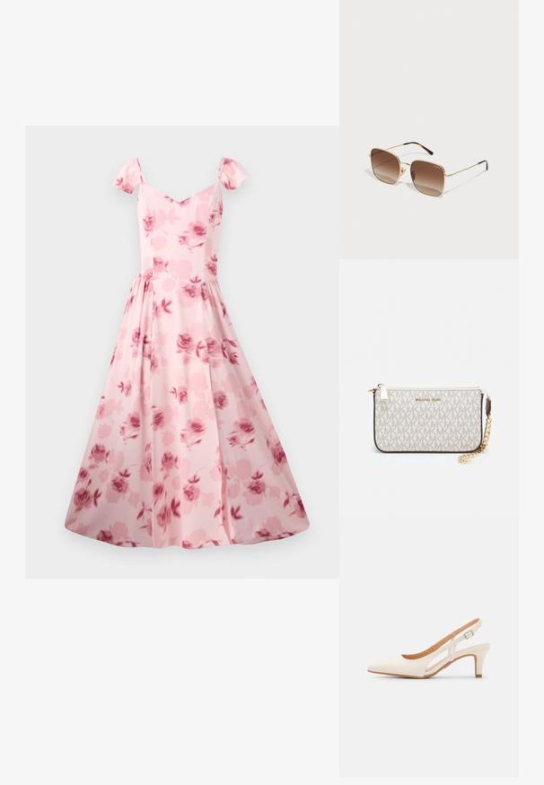 Rosa blomsterkjole med korte puffærmer, en tætsiddende liv og en flagrende nederdel. Har et subtilt rosemønster og en glat stofstruktur.; Hvide slingback hæle med spids tå, glat overmateriale, lav blokhæl og sideudskæringsdesign med justerbar spænderem.; Guldmetal solbriller med firkantet stel, brune gradientlinser og skildpadde-mønster detaljer på stængerne. Letvægtsdesign.; Michael Kors håndleddstropp i beige belagt lær med et gentaget MK-logo mønster, guld hardware og en aftagelig kædestrop.