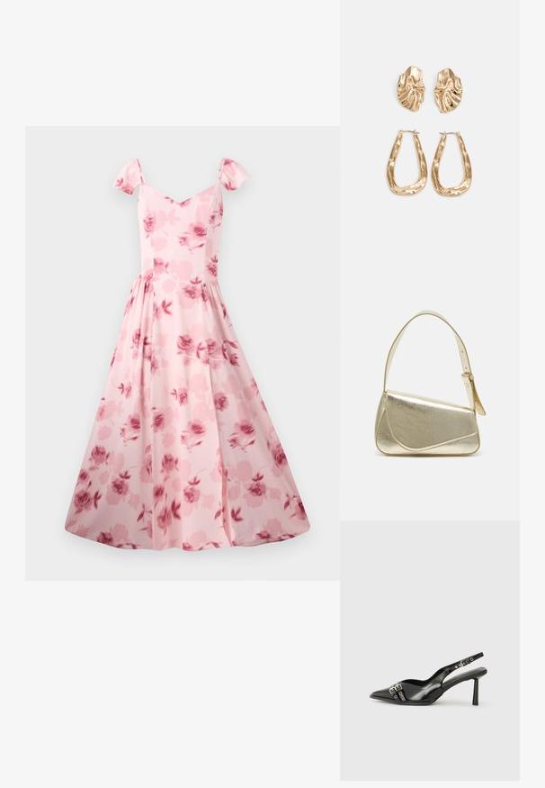 Rosa Blumenmaxikleid mit kurzen Puffärmeln, einem taillierten Oberteil und einem schwingenden Rock. Es hat ein dezentes Rosenmuster und eine glatte Stofftextur.; Schwarzer Lackleder Slingback-Schuh mit spitzem Zehenbereich, Knöchelriemen mit silbernen Schnallen und Beschlägen sowie einem schlanken Absatz.; Goldfarbene metallische Handtasche mit strukturiertem Design, glatter Textur und verstellbarem Tragegurt. Sie verfügt über eine einzigartige dreieckige Form und minimalistische Nähte.; Ohrringe in Goldoptik mit strukturierten, gewellten Formen. Beinhaltet skulpturale Clip-Ohrringe und ein offenes Hoop-Design mit gehämmertem Finish.