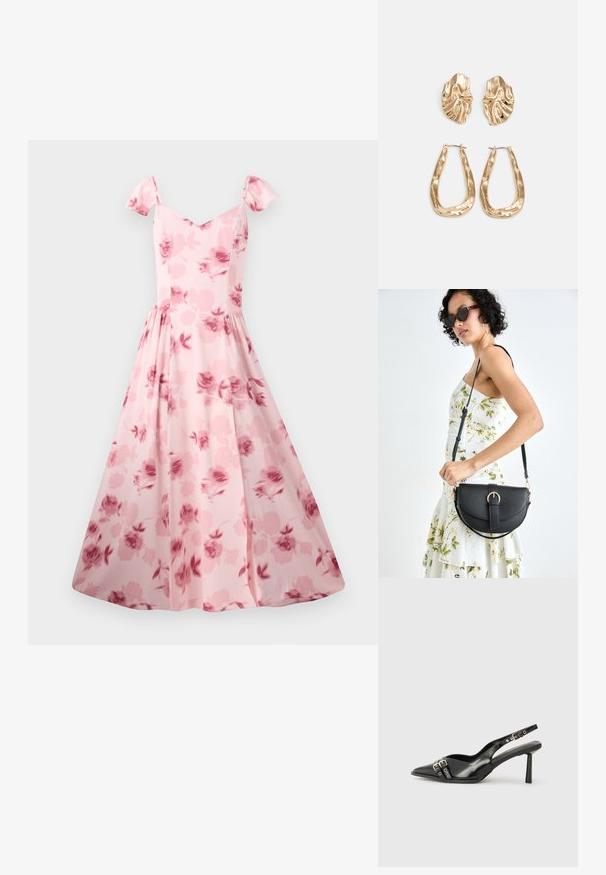 Abito floreale rosa con maniche a sbuffo corte, corpino aderente e gonna svasata. Presenta un delicato motivo a rose e una texture di tessuto liscia.; Scarpa slingback in vernice nera con punta affusolata, cinturini alla caviglia con fibbie in argento e accessori, e tacco sottile.; Borsa a tracolla nera in pelle con una forma curva, manico rimovibile e accessori dorati. La borsa presenta una patta con un dettaglio a fibbia.; Orecchini in tono oro caratterizzati da forme ondulate eTexture. Comprendono chiusure clip-on scultoree e un design a cerchio aperto con finitura martellata.