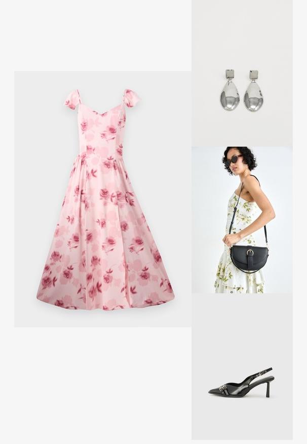 Robe florale rose avec des manches courtes bouffantes, un corsage ajusté et une jupe évasée. Présente un motif de roses subtil et une texture de tissu lisse.; Chaussure slingback en cuir verni noir avec un embout pointu, des brides de cheville avec des boucles en argent et des éléments en métal, et un talon fin.; Sac à main en cuir noir avec une forme courbée, bandoulière amovible et des accessoires en or. Le sac est doté d'un rabat avec un détail de boucle.; Boucles d'oreilles en argent avec un clou carré, présentant une finition lisse et polie ainsi qu'une forme en goutte d'eau, réfléchissant la lumière grâce à une surface brillante.