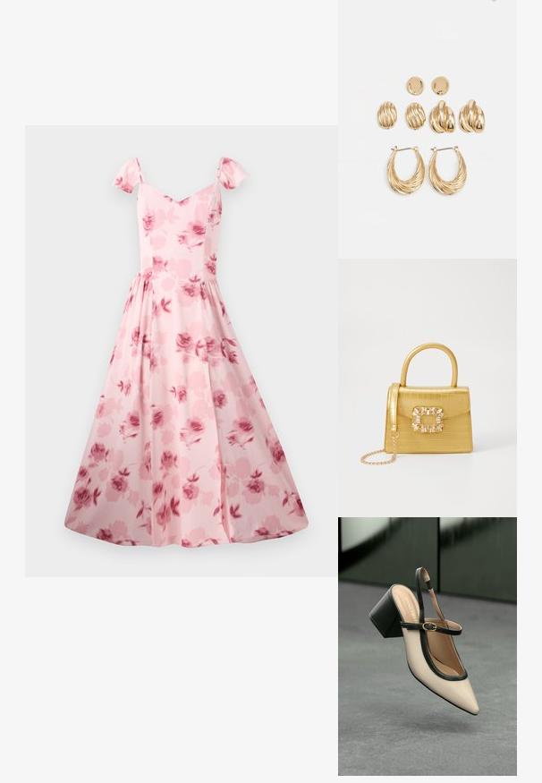Pink floral dress with short puff sleeves, a fitted bodice, and a flared skirt. Features a subtle rose pattern and smooth fabric texture.; Beige pointed-toe slingback shoe with black trim, gold buckle, and a chunky block heel on gray floor with dark green background.; Yellow faux-crocodile handbag with a structured design, top handle, detachable chain strap, and decorative crystal embellishment on the clasp.; Gold-toned earrings set featuring three pairs: textured oval studs, wavy design studs, and large hoop earrings with layered ridges.