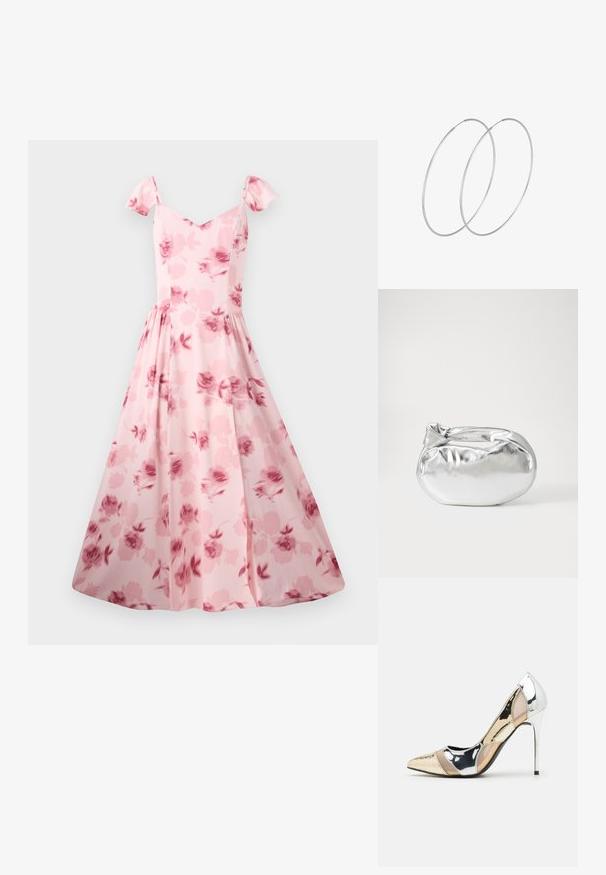 Ružové kvetinové šaty s krátkymi vyp puff rukávmi, priliehavým telom a rozšírenou sukňou. Obsahuje jemný vzor ruží a hladkú textúru látky.; Lodičky s špičatou špičkou v striebornom, zlatom a telovom farebnom prevedení. Lesklý povrch s výrezovým dizajnom, s ihlovým opätkom.; Strieborná metalická taška s mäkkým, zaobleným tvarom a uzáverom s uzlíkom. Vyrobená z hladkej syntetickej kože.; Strieborné kruhové náušnice s minimalistickým dizajnom. Cirkulárny tvar, hladký povrch a tenký profil. Ľahké s lesklým povrchom.