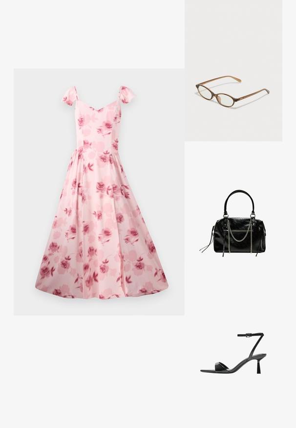 Roze bloemenjurk met korte puffmouwen, een aansluitend lijfje en een uitlopende rok. Bevat een subtiel rozenpatroon en een gladde stoffen textuur.; Bershka Sandalen met hoge hak - black; Bruine schildpadbril met ovale lenzen, dunne armen en transparante accenten. Heeft een subtiele logo op de tempel. Strak, lichtgewicht ontwerp.; Bershka WITH CHAIN - Handtas - black