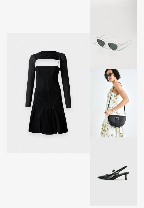 Črna obleka z dolgimi rokavi, prilegajočim bodicem in razširjenim robom. Obleka ima kontrastno šivanje in edinstven izrez na izrezu.; Črne patent usnjene slingback pete s koničastim nosom in majhnim blok peto, ki vključujejo srebrno zaponko na traku.; Bele mačkaste sončne očala z temnimi lečami, zlatimi poudarki na okvirju in detajli logotipa ob strani. Gladek plastičen material.; Črna usnjena torbica s ukrivljeno obliko, z odstranljivo naramnico in zlatimi dodatki. Torbica ima pokrov s podrobnostmi v obliki zaponke.
