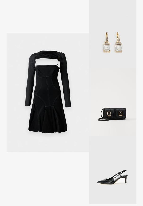 Melnā kleita ar garām piedurknēm, pieguļošu korpusu un plīvojošu apakšējo daļu. Iezīmējas ar kontrastējošu šuvumu un unikālu grieztu dizainu pie kakla.; Melna patent āda ar slīdošo papēdi un smailo purngalu, ar teksturētu čūsku drukājumu, regulējamu siksniņu un īsu teksturētu blokpapēdi.; Melnas ādas crossbody soma ar divām priekšējām kabatām, zelta sprādzēm, ar rāvējslēdzēju aizdari un šauru siksnu. Strukturēta virsma un kompakta taisnstūra forma.; Zeltītas auskaru rotas, kuru centrā ir taisnstūra formas caurspīdīgs kristāls, kas karājas zem mazu, apaļu caurspīdīgu akcentu rindas. Elegants, mūsdienīgs dizains.