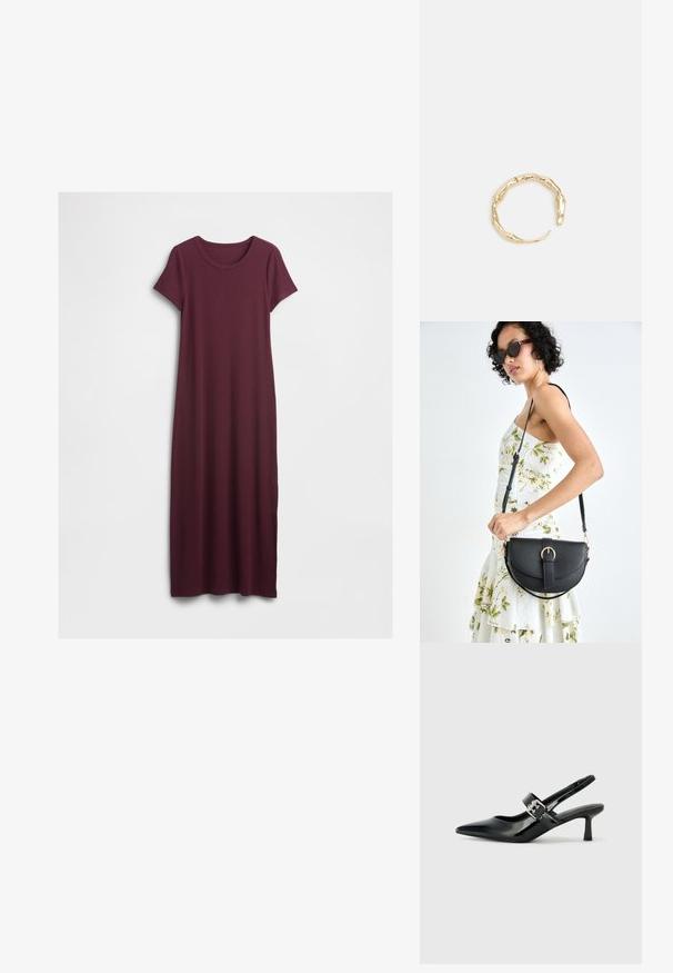 Lange, mouwloze, ronde hals bordeauxrode jurk met een rechte snit, gepresenteerd tegen een effen witte achtergrond.; Zwarte gepatineerde leren slingback hakken met een puntige neus en een kleine blokhak, met een zilveren gespaccent op de band.; Zwarte leren handtas met een gebogen vorm, afneembare schouderband en gouden hardware. De tas heeft een klep met een gespsluiting.; Goudkleurige ring met een organisch, gedraaid ontwerp, een gladde textuur en taps toelopende uiteinden, waardoor een moderne, sculpturale uitstraling ontstaat.