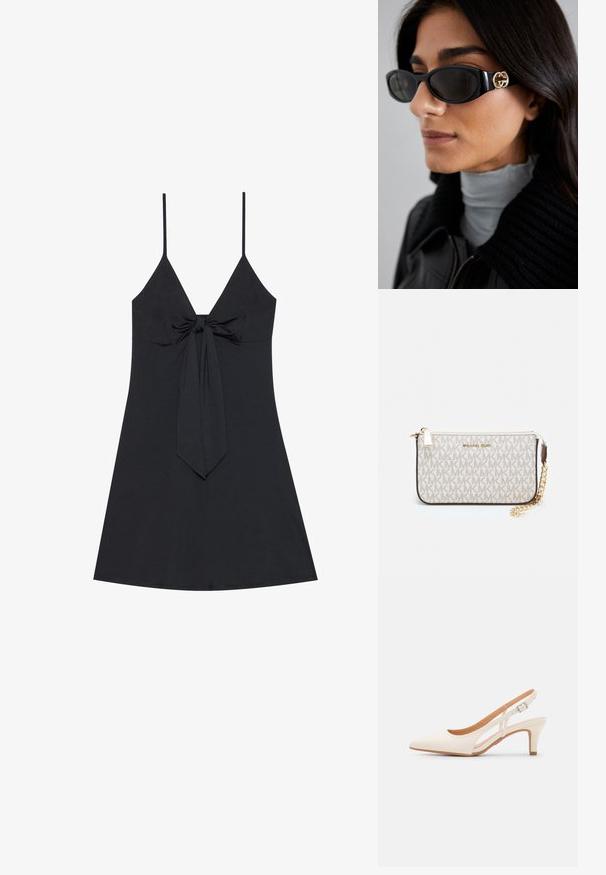 Musthave mustriba must taht peab olema musta, puksi laia, sügava V-kaelusega ja eesnäägiga. Lihtne, sileda kangaga, flööda alt ja õhukeste õlavarre rihmadega.; Valge slingback konts, terava ninaga, siledast ülemisest materjalist, madala ploki kontsaga ja külgse nähtavusega ning reguleeritava pandla rihmaga.; Mustad musternuga prillid, millel on ansamblil süsimust ristkülikukujuline raam ja külgedel kuldne logo. Tumeda objektiiviga ja läikiv viimistlus on silmatorkavad.; Michael Korsi randmevõru beige kaetud kangast, millel on korduv MK logo muster, kuldne riistvara ja eemaldatav ahelistrap.