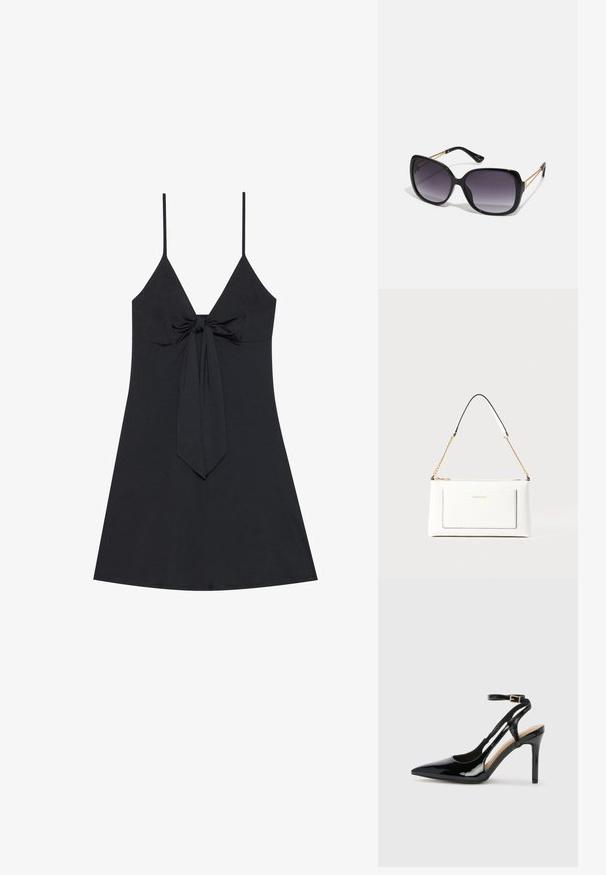 Crna haljina bez rukava s dubokim V-izrezom i detaljem čvora sprijeda. Jednostavna, glatka tkanina s lepršavim rubom i tankim remenčićima.; Crne lakirane kožne cipele na visokom potplatu sa otvorenim petama, špicastim vrhom i podesivim remenom oko gležnja. Glatka tekstura.; Crne prevelike sunčane naočale s gradijentnim lećama, debelim okvirom i zlatnim lancem kao detaljem na krakovima.; Bijela kožna torba s teksturiranim završetkom, koja ima zlatni lančić i crne akcentne detalje. Uključuje prednji džep i zatvaranje na patentni zatvarač.