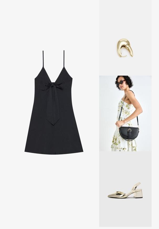 Fekete ujjak nélküli ruha mély V-nyakkal és elöl csomózott részlettel. Egyszerű, sima anyag, fodros aljjal és vékony pántokkal.; Arany, fémből készült slingback sarkú cipők hegyes orral és vastag sarokkal. Simaság, minimalista design és keskeny pánt jellemzi.; Fekete bőrtáska ívelt formával, levehető pánttal és arany színű fémrészekkel. A táskán egy csattal díszített fedél található.; Aranyszínű fém fülbevaló, elegáns, ívelt formával. Különleges hegyes alak, fényes felszín és zsanéros záródás jellemzi.