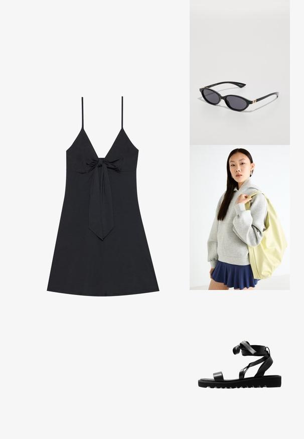Crna haljina bez rukava s dubokim V-izrezom i detaljem čvora sprijeda. Jednostavna, glatka tkanina s lepršavim rubom i tankim remenčićima.; Crne sandale s teksturiranom potplatom, s vitkim trakama i čvorastim dizajnom. Izrađene od glatkog materijala, modernog oblika i otvorenog nosa.; Crne sunčane naočale s ovalnim staklima, tamnim gradijentnim tonom i tankim okovima s suptilnim zlatnim akcentima. Glatka plastična završna obrada.; Sivi oversized dukserica s kapuljačom i kengur džepom, u kombinaciji s mornarsko plavom suknjom šireg kroja. Dodatak: velika svijetlo žuta torba, glatke teksture.