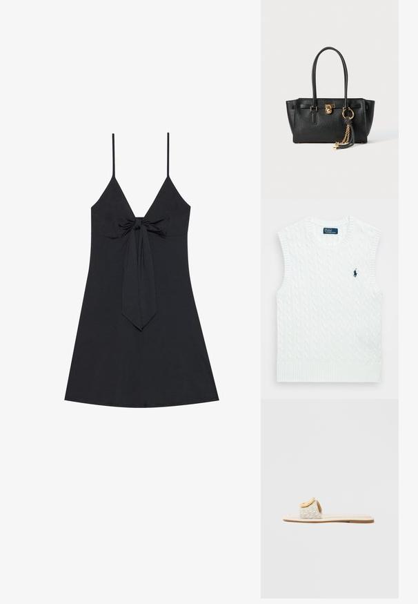 Schwarzes ärmelloses Kleid mit tiefem V-Ausschnitt und einem Knoten-Detail vorne. Einfacher, glatter Stoff mit ausgestelltem Saum und dünnen Schulterträgern.; Polo Ralph Lauren CABLE KNIT COTTON SWEATER VEST - Top - white; Pantoffel mit einem beigen Riemen mit geometrischem Muster, einem abgerundeten gelben Akzent auf dem Obermaterial und einer flachen, hellen Sohle.; Schwarze Lederhandtasche mit doppelten Griffen, goldfarbener Verschluss- und Kettendetails sowie einem schwarz-weißen Quastenaccessoire vor weißem Hintergrund.
