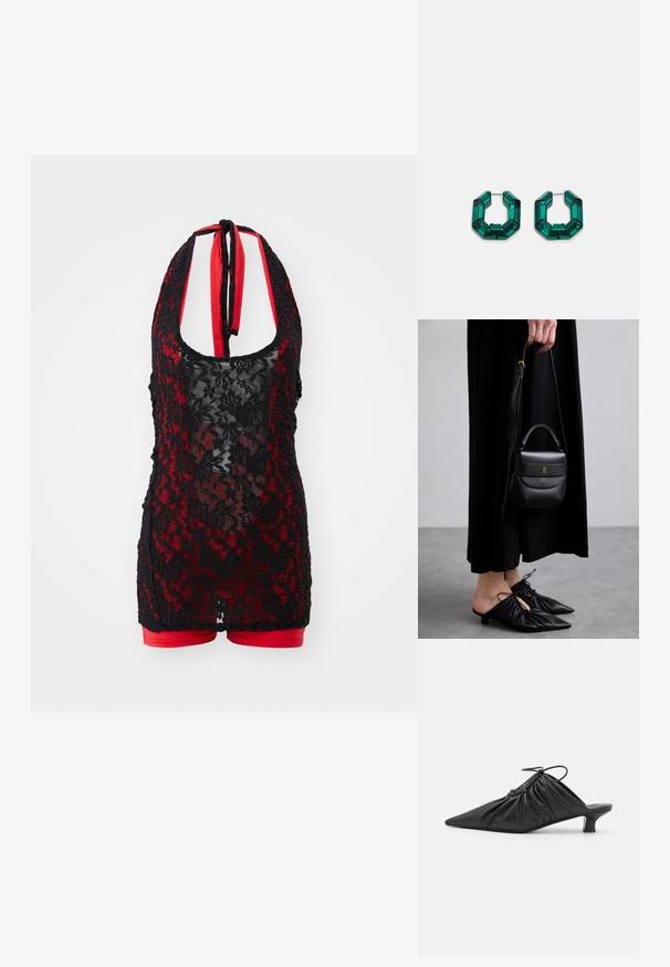 Svart spetsbodysuit med halterneck, med röd insida och shortsdesign. Blommönster med genomskinlig textur.; Svarta läder slip-on mules med spetsig tå, sammanknipen textur och en liten kitten heel. Har en dragsnörningsdetalj vid öppningen.; Liten svart läderhandväska med rundad form, handtag ovanpå och avtagbar rem. Bärs med svart tygklänning och svarta plisserade skor.; Gröna akrylörringar i en oktagonal form med facetterade kanter, med en metallspänne för säker förslutning.
