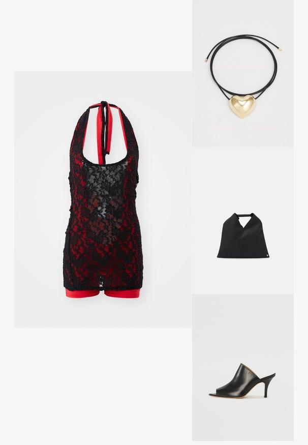 Body en dentelle noire avec un col halter, doté d'un intérieur rouge et d'un design de short. Motif floral avec une texture transparente.; Mule ouverte en cuir noir avec un design élégant et courbé, un talon aiguille haut et une texture lisse. L'intérieur présente une couleur claire contrastante.; Sac en cuir noir avec un design asymétrique et une surface texturée. Il a une poignées simple et un accent de logo subtil.; Collier en cordon tressé noir avec un pendentif en forme de cœur en or poli, aux courbes douces et à la finition brillante.