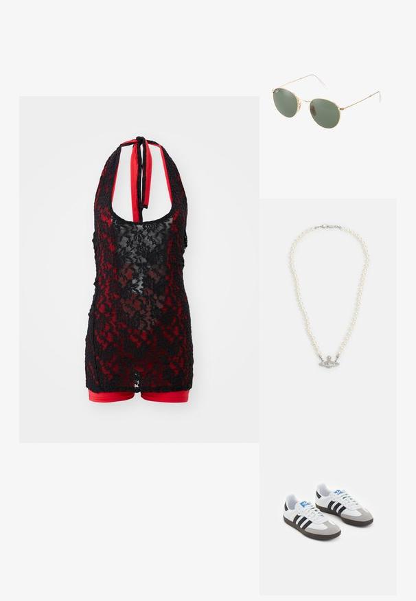 Juodas nėriniuotas bodysuit su apykakle, turintis raudoną vidų ir šortų dizainą. Gėlių raštas su permatomu tekstūru.; Sportiniai batai su balta odine viršutine dalimi, pilku zomšiniu priekiu ir trimis juodomis juostelėmis. Ant liežuvio yra mėlynas logotipas, o padas pagamintas iš tekstūruoto gumos.; Auksiniai metaliniai akiniai nuo saulės su žaliais lęšiais, apvalios formos, ploni pametai ir balti plastikiniai akcentai ant rankenų galiukų.; Perlo vėrinys su sidabriniu užsegimu. Sudarytas iš apvalių baltų perlų ir dekoratyvios, deimantais papuoštos centrinės dalies.