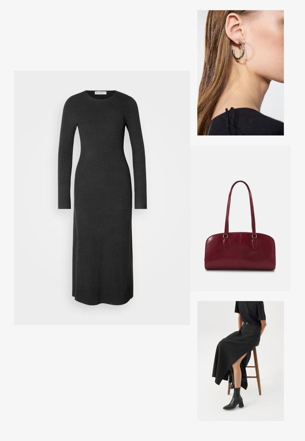 Dolga rukava, temno siva pletena obleka s prilagojenim silhueto, okroglim dekoltejem in stranskimi razporki za lažje gibanje. Gladka tekstura po celotni obleki.; Črna lanena maxi krilo z visokim razporkom, oblečeno s črno majico in črnimi gležnjarji. Minimalističen dizajn z udobnim krojem.; Zign LEATHER - Torbica - dark red; Srebrna obročasta uhana s polirano površino, ki vključuje majhne zlate poudarke in okroglo obliko, nošena na ušesnem lobu.
