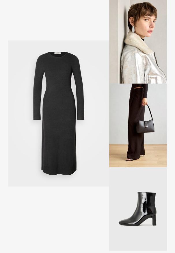 Vestido de malha cinza escuro de manga longa, com uma silhueta ajustada, decote redondo e fendas laterais para facilitar o movimento. Textura suave em todo o vestido.; Botim de tornozelo em pele sintética preta com bico apontado e salto bloco de altura média. Textura suave e design minimalista.; Bolsa preta com forma estruturada, textura suave e um fecho metálico. Combinada com calças largas pretas e sandálias de salto aberto sobre um chão de madeira.; Jaqueta de couro metálica prateada com colarinho de peles, apresentando um fecho em zip e uma superfície texturizada. Brincos grandes em forma de gota com pedras preciosas transparentes.