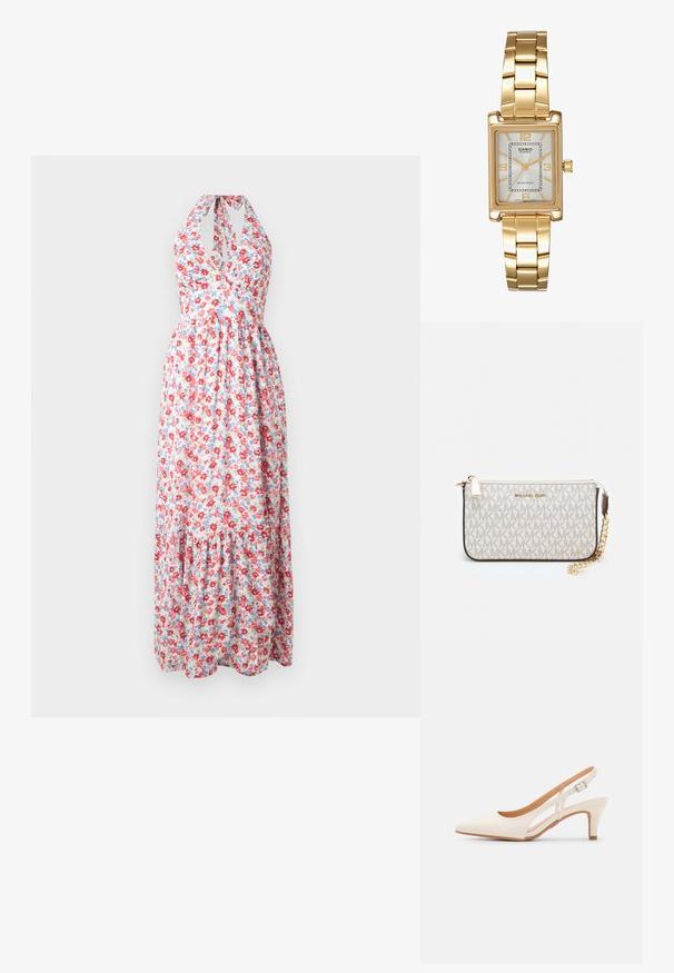 Rochie maxi florală cu un design cu gât halter, model colorat de flori roșii și albastre pe un fundal deschis, cu fustă în straturi.; Sandaie cu toc alb, cu vârful ascuțit, material superior neted, toc mic tip bloc și design cu decupaj lateral, cu curea ajustabilă.; Clutch Michael Kors din canva acoperit bej, cu un model repetitiv al logo-ului MK, accesorii din aur și o curea cu lanț detașabil.; Ceas de mână rectangular cu nuanță aurie, cu un cadran alb, marcaje argintii pentru ore și o brățară din linkuri metalice durabile. Include caracteristica de rezistență la apă.