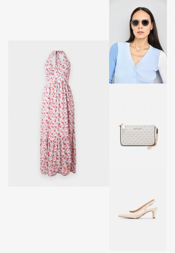 Rochie maxi florală cu un design cu gât halter, model colorat de flori roșii și albastre pe un fundal deschis, cu fustă în straturi.; Sandaie cu toc alb, cu vârful ascuțit, material superior neted, toc mic tip bloc și design cu decupaj lateral, cu curea ajustabilă.; Ochelari de soare rotunzi cu lentile întunecate și rame aurii. Modelul poartă un cardigan ribbed de culoare albastru deschis cu nasturi și mâneci albe în contrast.; Clutch Michael Kors din canva acoperit bej, cu un model repetitiv al logo-ului MK, accesorii din aur și o curea cu lanț detașabil.