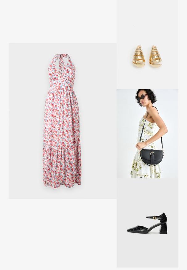 Blommig maxiklänning med halterneck-design, färgglad röd och blå blommönster på en ljus bakgrund, med en volangkjol.; Svart lackläder högklackad sko med spetsig tå, ankelrem och strukturerat krokodilmönster. Fyrkantig klackdesign.; Svart läderhandväska med en böjd form, avtagbar rem och guldiga detaljer. Väskan har ett lock med en spänndetalj.; Guldtonade örhängen formade som avlånga koner med spiraldetaljer. Slät yta med reflekterande finish, med böjda accenter.