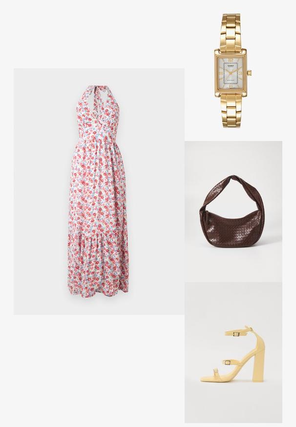 Maximekko kukkakuosisella ulkonäöllä, jossa on kaarrokeselkä, värikkäät punaiset ja siniset kukat vaalealla taustalla sekä kerrosperustainen hame.; Keltaiset paksupohjaiset sandaalit, joissa on kolme säädettävää hihnaa, neliön muotoinen kärki, sileää synteettistä materiaalia ja hopeanväriset soljet.; Ruskea kudottu nahkalaukku, jossa on kaareva, solmittu kahva ja vetoketjukiinnitys. Sujuva pinta ja pyöreä muoto.; Kulta-tone suorakulmainen rannekello, jossa on valkoinen kellotaulu, hopeanväriset tuntimerkit ja kestävä metallinen linkkiranneke. Mukana vedenkestävyysominaisuus.