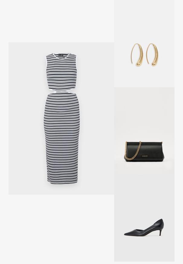 Prúžkovaná bezrukávová šaty s námorníckymi a bielymi vodorovnými pruhmi, s výrezom v páse a priliehavým strihom. Mäkkučký, elastický materiál.; Čierny kožený lodička s špičatou špičkou a nízkym opätkom. Má hladkú textúru a jemný lesk. Vpredu je otvorený výrez pre zvýraznenie detailu.; Čierna kožená kabelka s retiazkou zo zlata, so hladkou textúrou, obdĺžnikovým tvarom a embosovaným logom na prednej strane.; Náušnice vo forme zlatých kovových kruhov s zakriveným, predĺženým tvarom. Majú hladký, lesklý povrch a zaoblený koniec pre pridanie detailu.